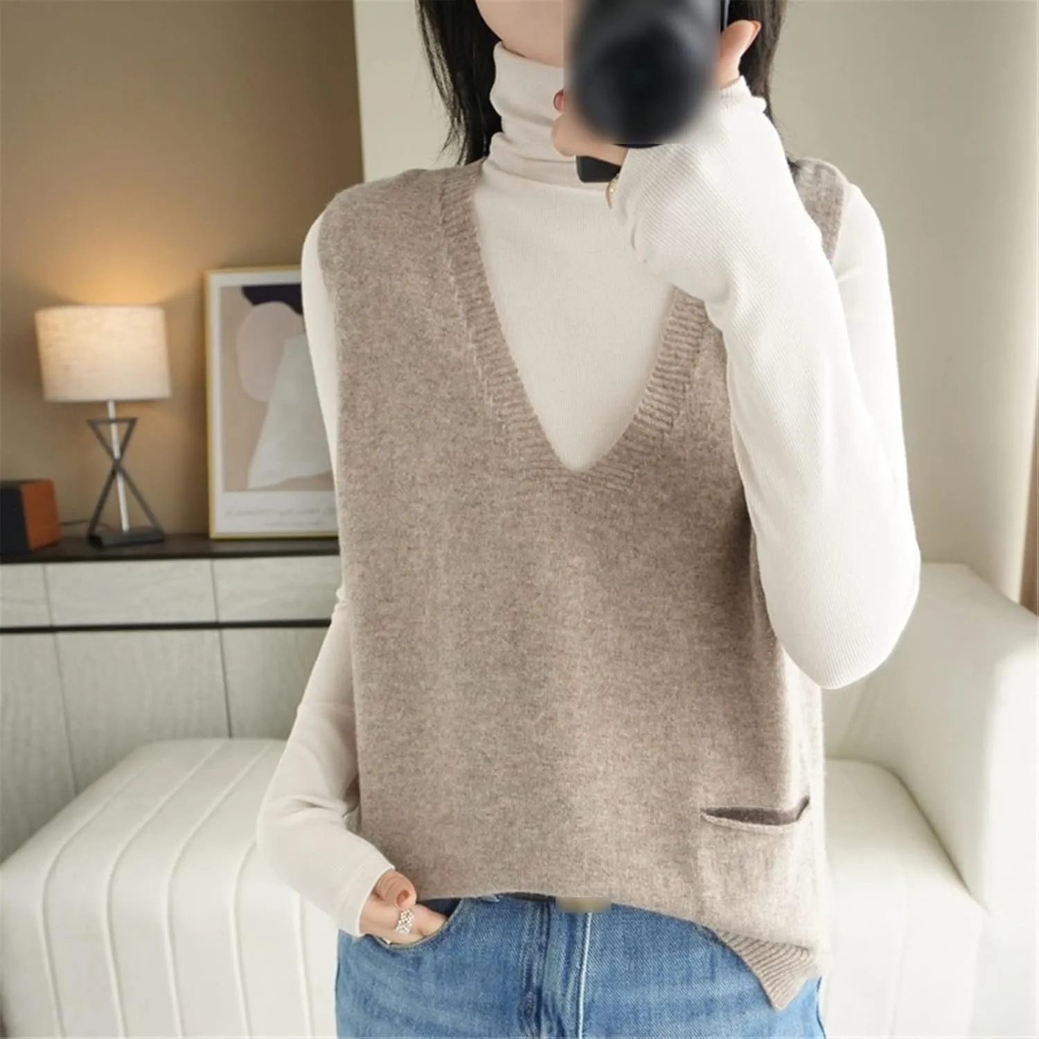 100% Merino Wool Sweater Pocket Vest Women's V Neck Pullover Slit Cashmere Knit Sleeveless Loose Vest Top