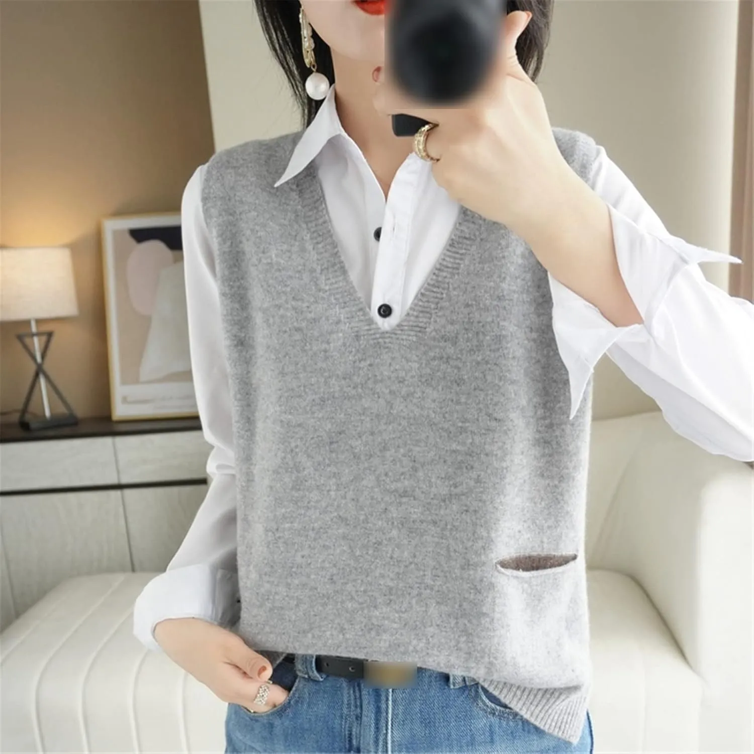 100% Merino Wool Sweater Pocket Vest Women's V Neck Pullover Slit Cashmere Knit Sleeveless Loose Vest Top