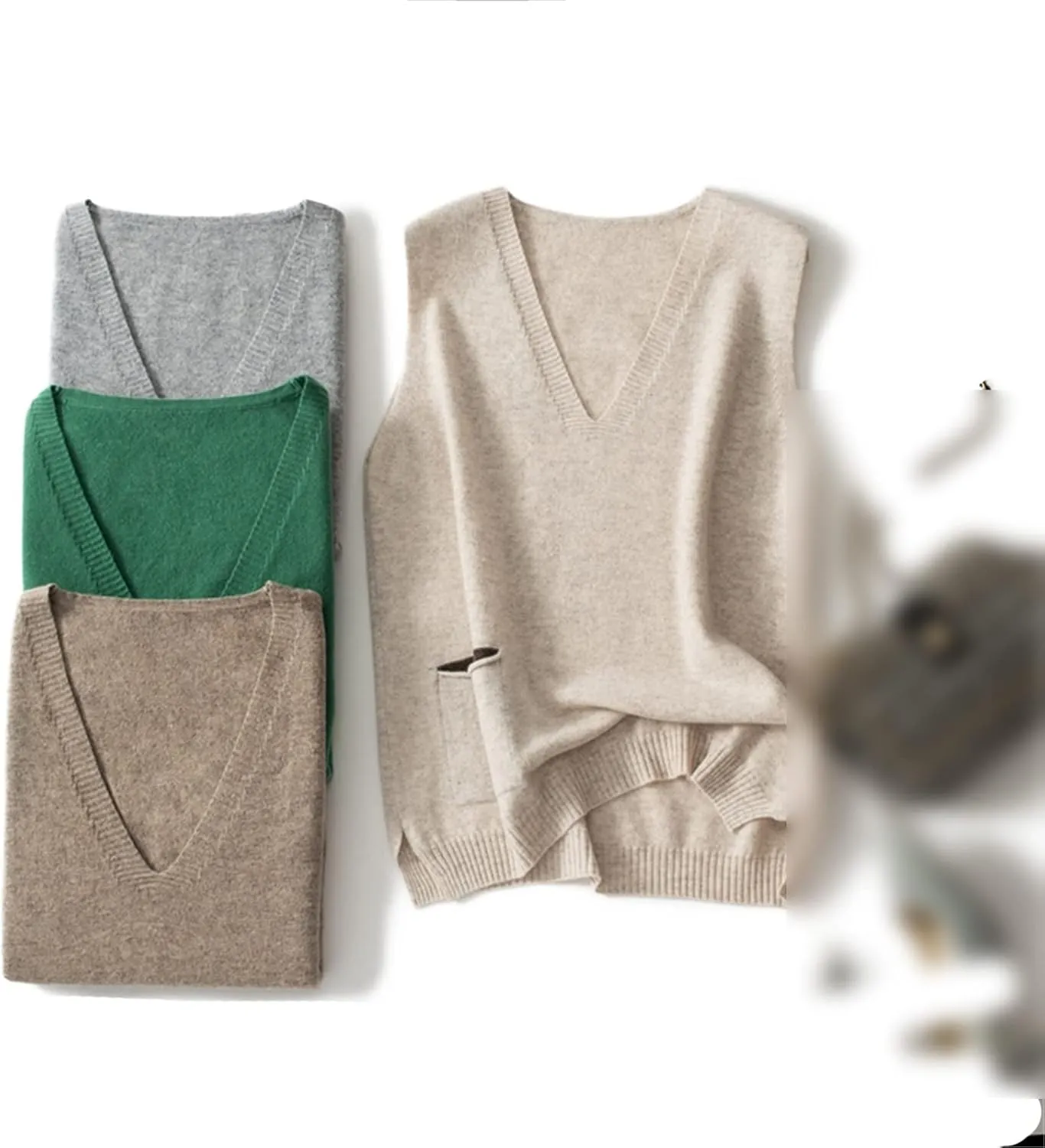 100% Merino Wool Sweater Pocket Vest Women's V Neck Pullover Slit Cashmere Knit Sleeveless Loose Vest Top