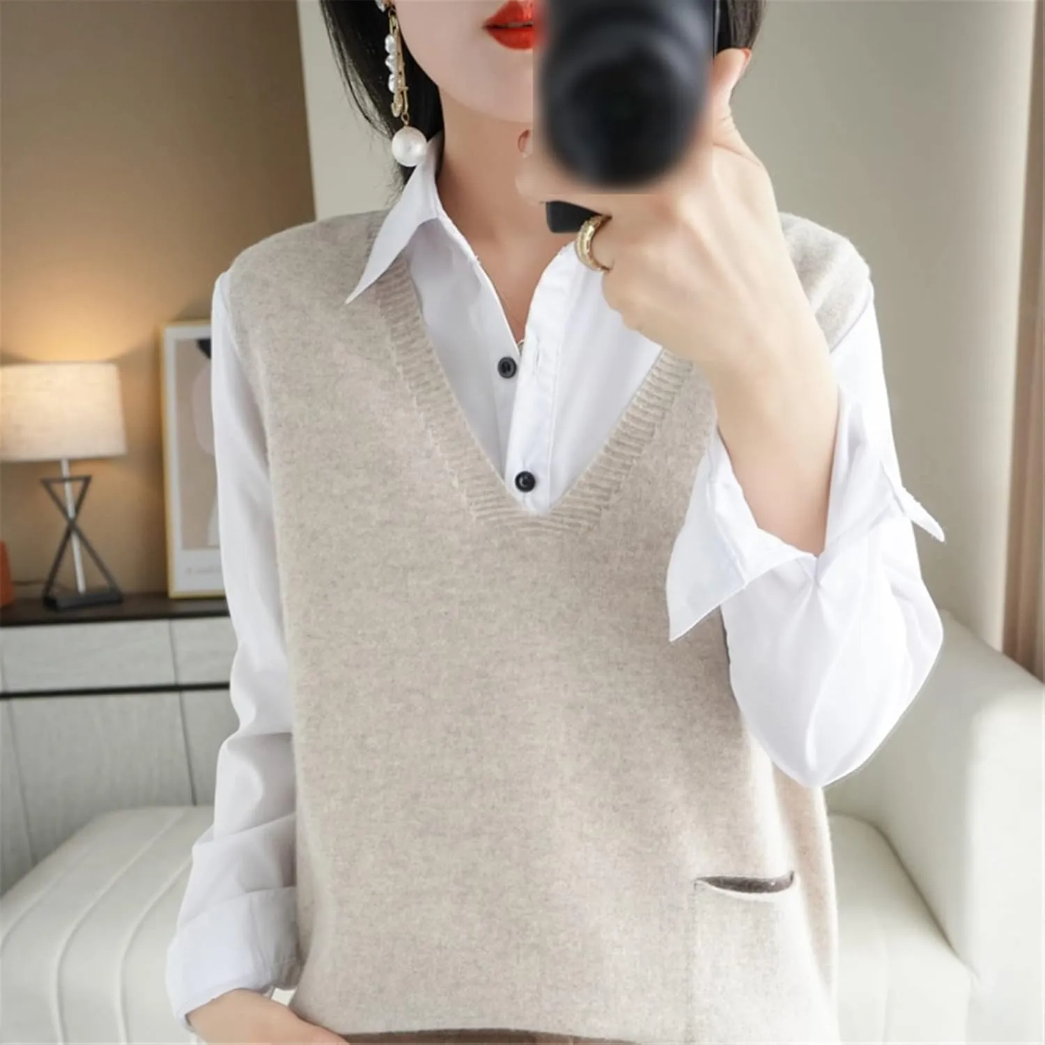 100% Merino Wool Sweater Pocket Vest Women's V Neck Pullover Slit Cashmere Knit Sleeveless Loose Vest Top