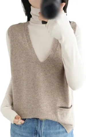 100% Merino Wool Sweater Pocket Vest Women's V Neck Pullover Slit Cashmere Knit Sleeveless Loose Vest Top