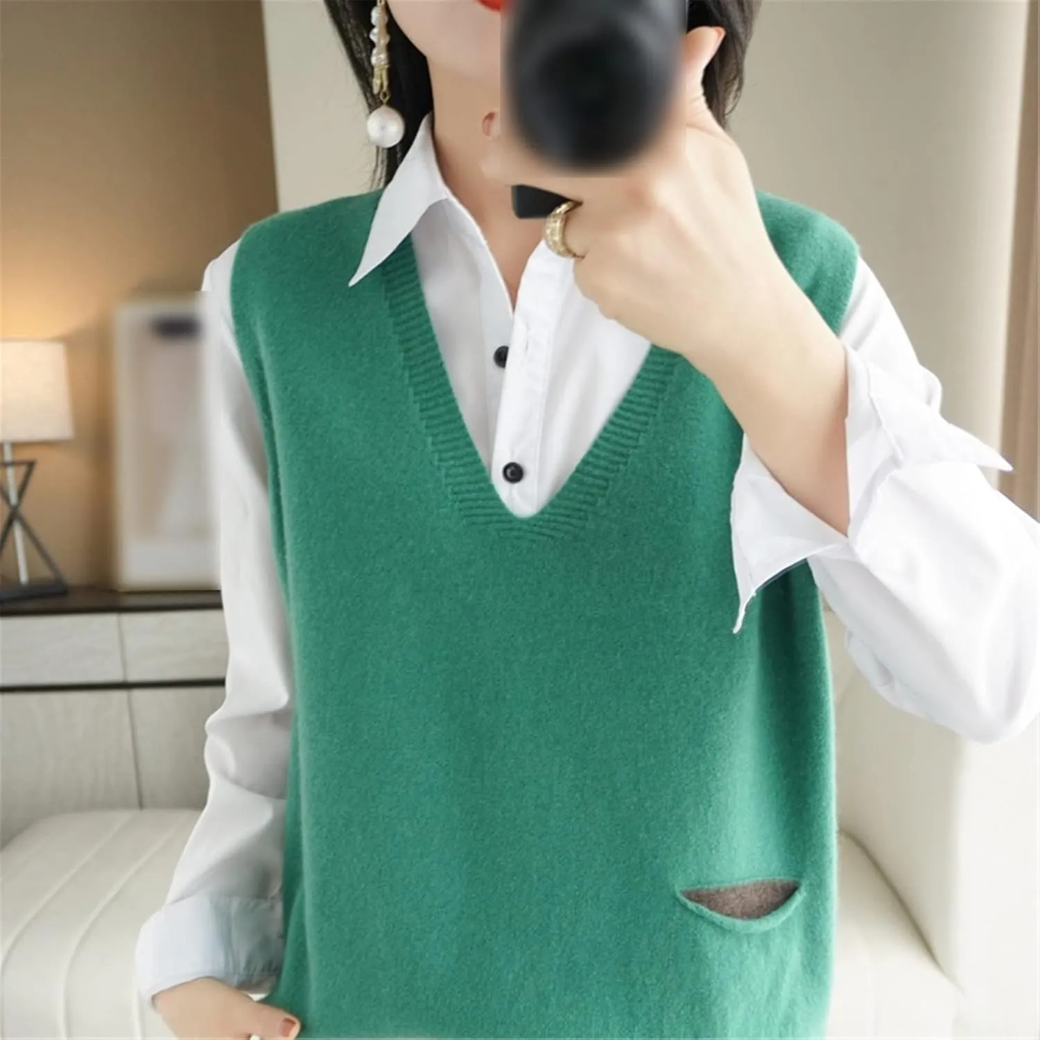 100% Merino Wool Sweater Pocket Vest Women's V Neck Pullover Slit Cashmere Knit Sleeveless Loose Vest Top