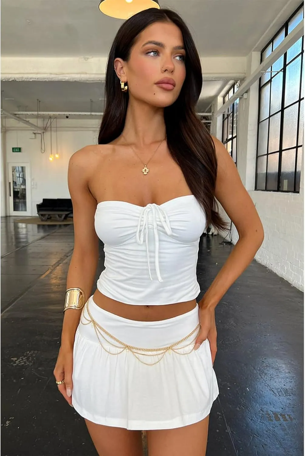 2 Piece Skirt Outfits for Women Y2k Summer Bandeau Going Out Crop Tops and Low Wasit Mini Skorts Sets