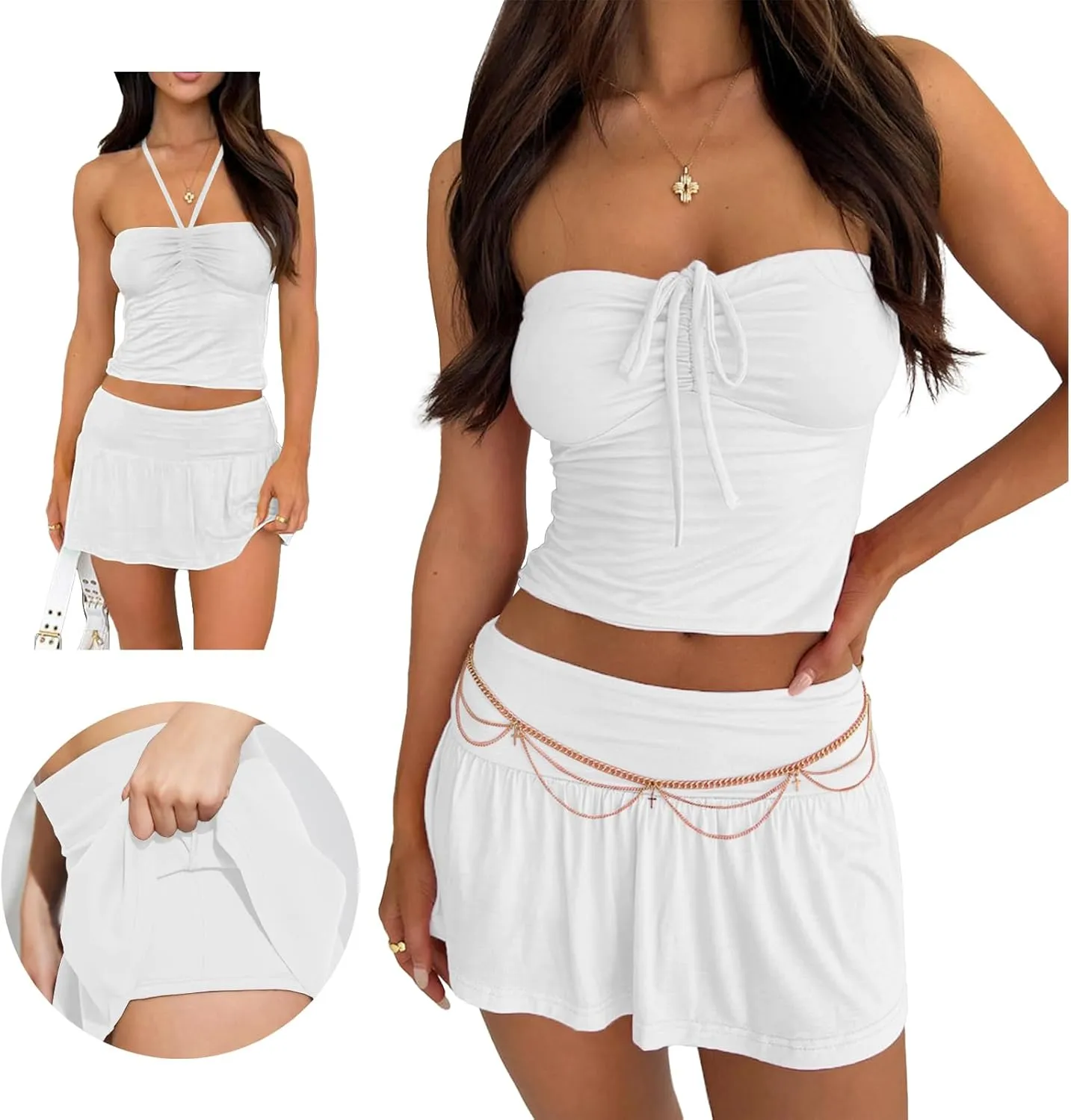 2 Piece Skirt Outfits for Women Y2k Summer Bandeau Going Out Crop Tops and Low Wasit Mini Skorts Sets