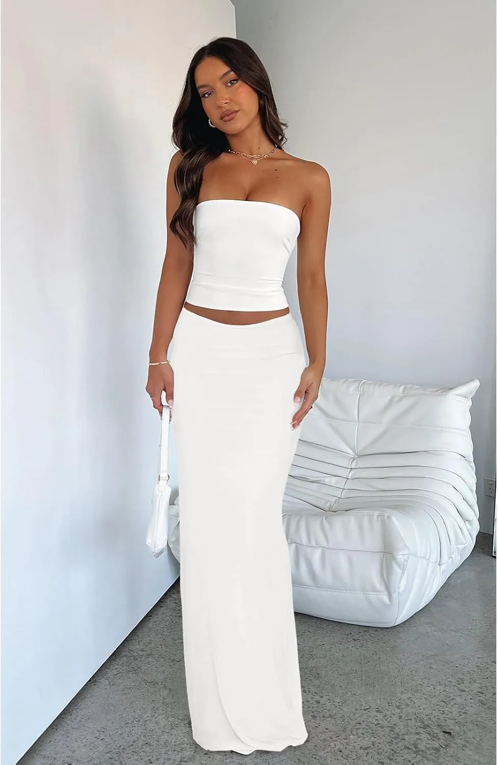 2 Piece Skirt Sets for Women Summer, Floral Sleeveless Tube Top Bodycon Maxi Skirts Y2k Vacation Going Out Outfits