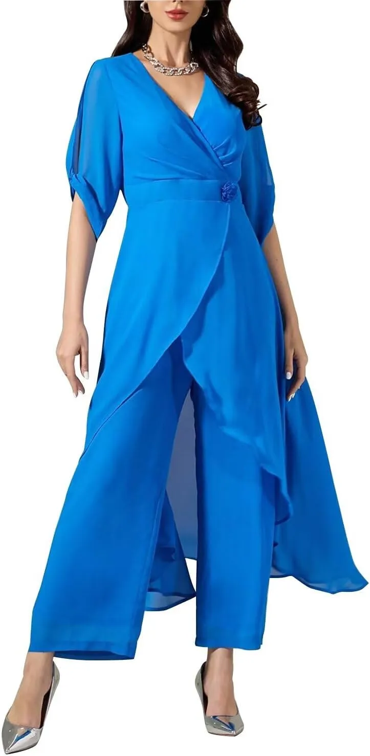 2 Pieces Chiffon Mother of The Bride Pantsuits for Wedding Half Sleeve Formal Evening Prom Cocktail Pants Outfit