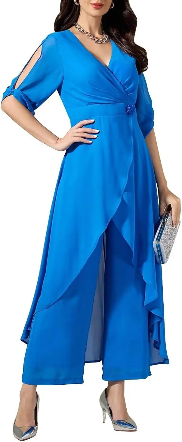 2 Pieces Chiffon Mother of The Bride Pantsuits for Wedding Half Sleeve Formal Evening Prom Cocktail Pants Outfit