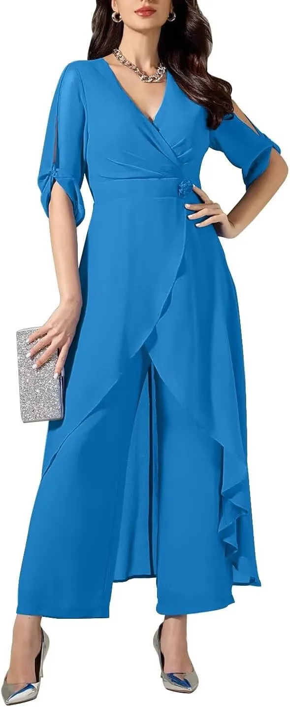 2 Pieces Chiffon Mother of The Bride Pantsuits for Wedding Half Sleeve Formal Evening Prom Cocktail Pants Outfit