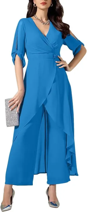2 Pieces Chiffon Mother of The Bride Pantsuits for Wedding Half Sleeve Formal Evening Prom Cocktail Pants Outfit