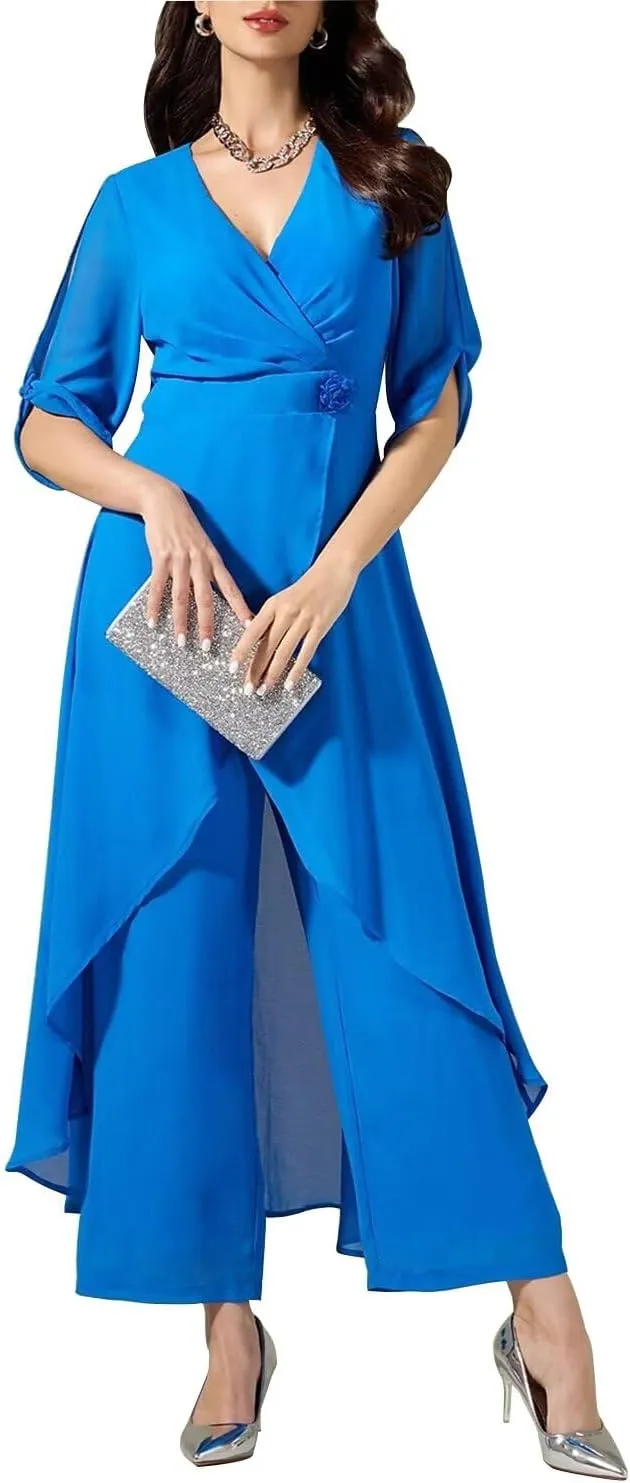 2 Pieces Chiffon Mother of The Bride Pantsuits for Wedding Half Sleeve Formal Evening Prom Cocktail Pants Outfit