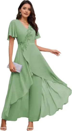 2 Pieces Mother of The Bride Pant Suits for Wedding Lace Chiffon Sage Dressy Pantsuits for Older Women V Neck 4