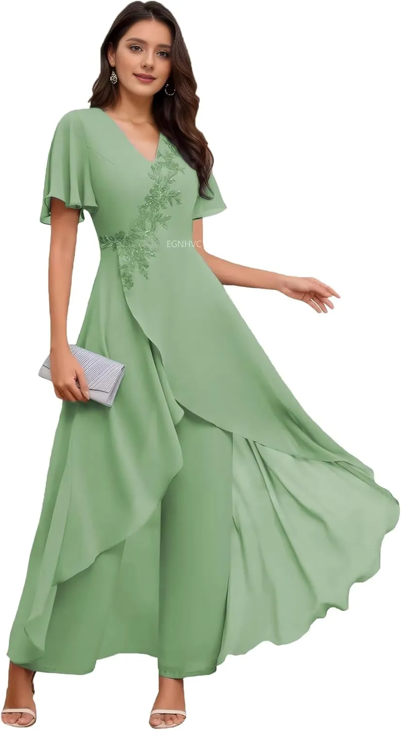 2 Pieces Mother of The Bride Pant Suits for Wedding Lace Chiffon Sage Dressy Pantsuits for Older Women V Neck 4