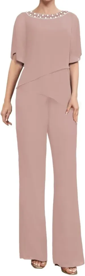 2 Pieces Mother of The Bride Pants Suits Short Sleeve Formal Outfits for Women Pantsuits for Wedding Guest