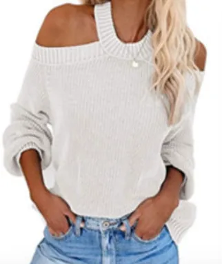 2020 Autumn Winter Oversize loose fit Off Shoulder Woman Sweater hollow cut Maglione Pullover Sweatshirt knitting SF1070