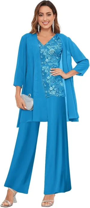 3 Pieces Mother of The Bride Pant Suits for Wedding Lace Chiffon Formal Evening Gowns with Jacket