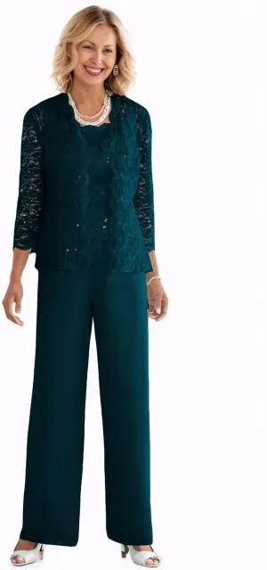 3 Pieces Mother of The Bride Pant Suits with Jacket Sequin Lace Chiffon Formal Evening Party Outfit Dressy Pantsuits