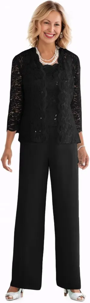 3 Pieces Mother of The Bride Pant Suits with Jacket Sequin Lace Chiffon Formal Evening Party Outfit Dressy Pantsuits