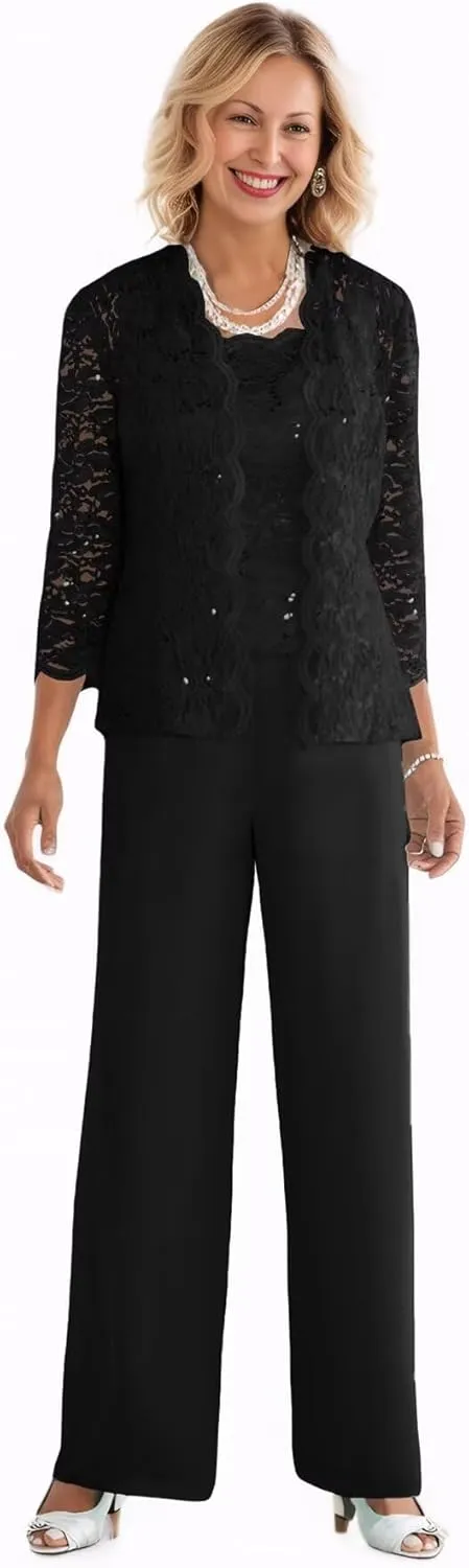 3 Pieces Mother of The Bride Pant Suits with Jacket Sequin Lace Chiffon Formal Evening Party Outfit Dressy Pantsuits