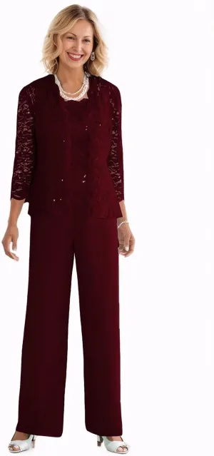 3 Pieces Mother of The Bride Pant Suits with Jacket Sequin Lace Chiffon Formal Evening Party Outfit Dressy Pantsuits