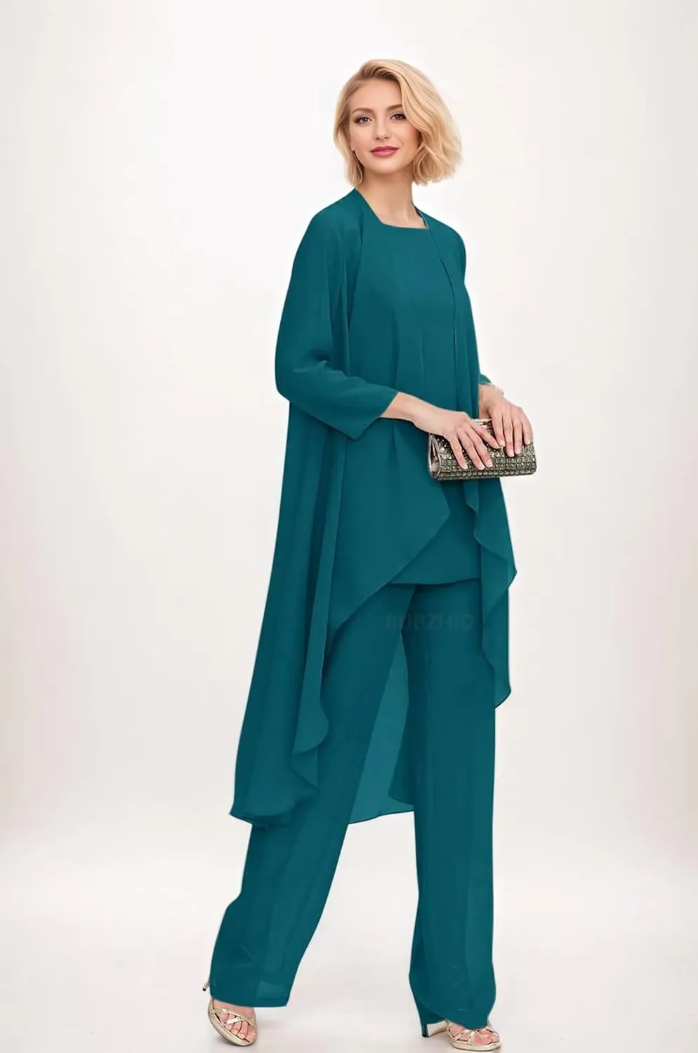3 Pieces Mother of The Bride Pantsuits with Jacket for Wedding Chiffon Formal Evening Prom Cocktail Pants Outfit