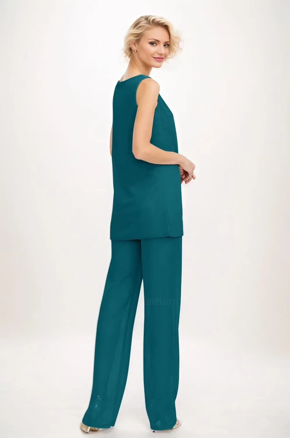 3 Pieces Mother of The Bride Pantsuits with Jacket for Wedding Chiffon Formal Evening Prom Cocktail Pants Outfit
