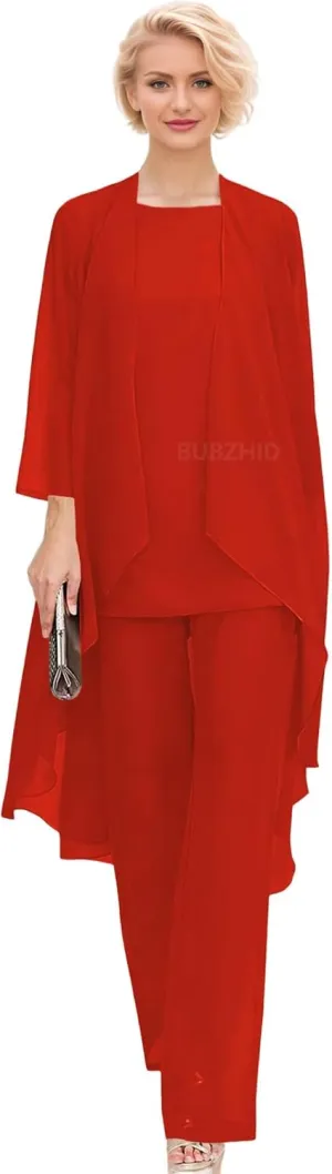 3 Pieces Mother of The Bride Pantsuits with Jacket for Wedding Chiffon Formal Evening Prom Cocktail Pants Outfit