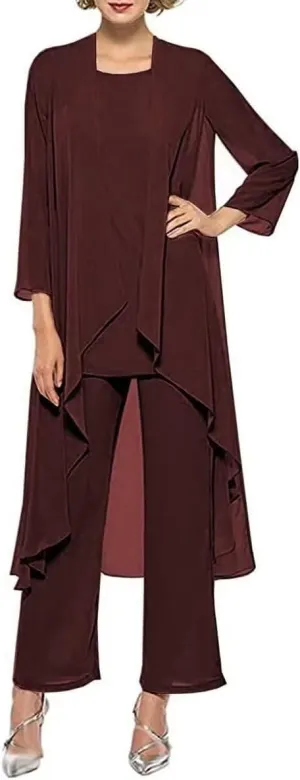 3 Pieces Pantsuits for Women Dressy Outfit Set Long Sleeve Mother of The Bride Dresses with Chiffon Jacket