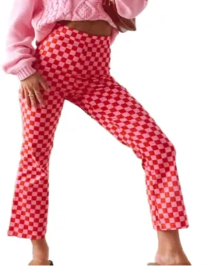 Acehomeyfit Women Casual Straight Wide Leg Flare Pants High Waist Baggy Checkerboard Printed Trousers Joggers 90s Streetwear