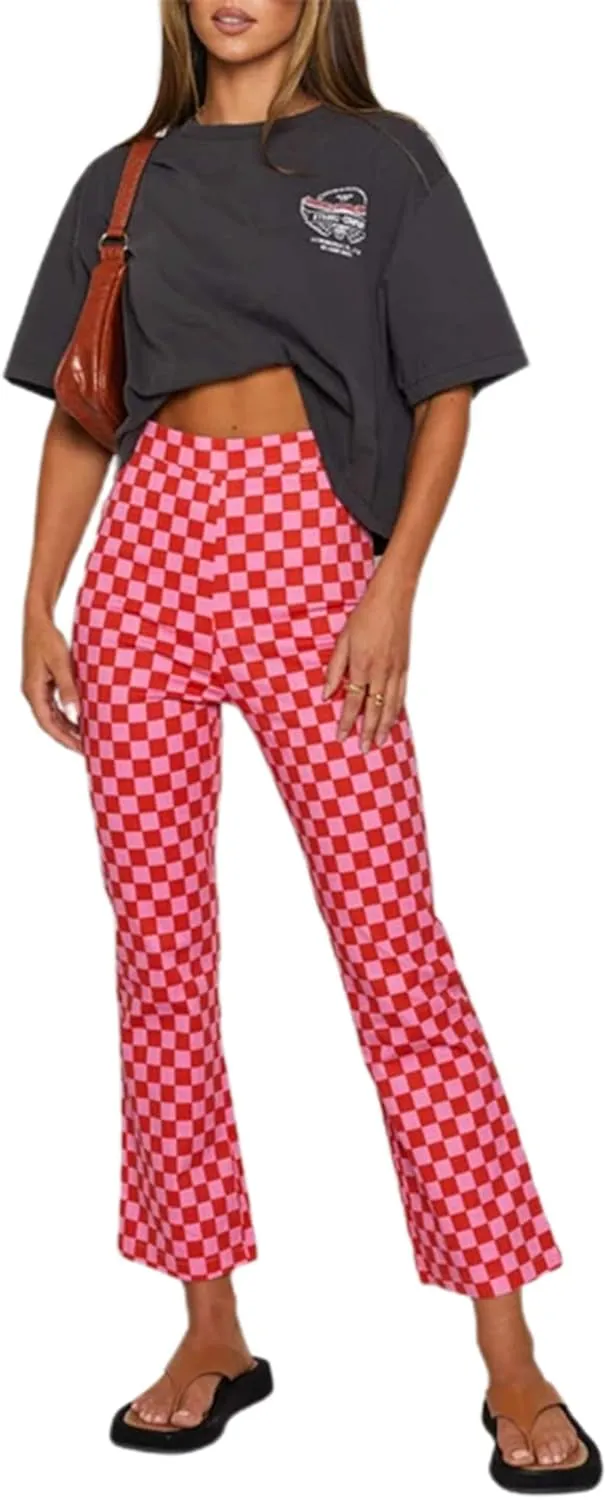 Acehomeyfit Women Casual Straight Wide Leg Flare Pants High Waist Baggy Checkerboard Printed Trousers Joggers 90s Streetwear