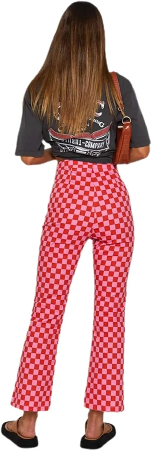 Acehomeyfit Women Casual Straight Wide Leg Flare Pants High Waist Baggy Checkerboard Printed Trousers Joggers 90s Streetwear