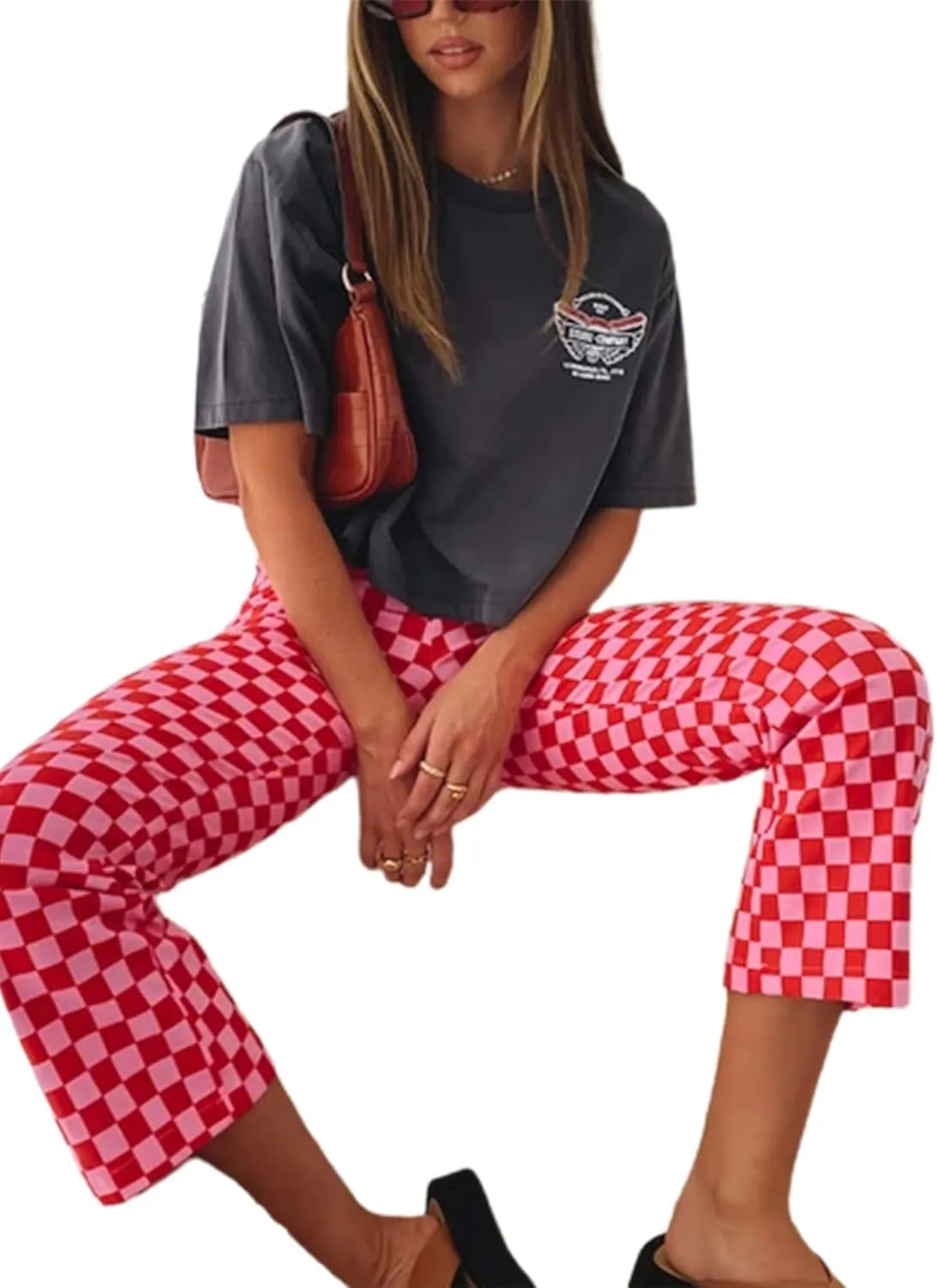 Acehomeyfit Women Casual Straight Wide Leg Flare Pants High Waist Baggy Checkerboard Printed Trousers Joggers 90s Streetwear