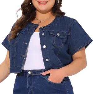 Agnes Orinda Women's Plus Size Denim Vest Tops Crew Neck Button Down Short Sleeve Cropped Jean Jacket