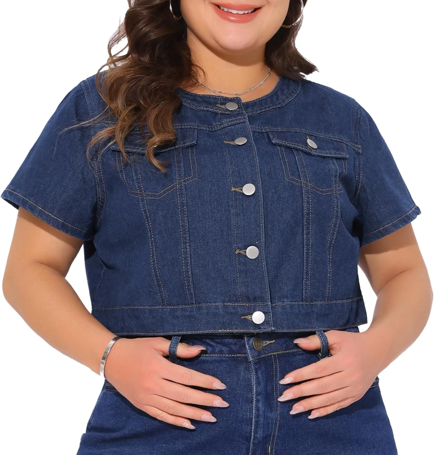 Agnes Orinda Women's Plus Size Denim Vest Tops Crew Neck Button Down Short Sleeve Cropped Jean Jacket