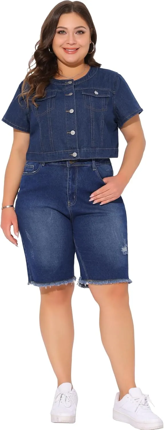 Agnes Orinda Women's Plus Size Denim Vest Tops Crew Neck Button Down Short Sleeve Cropped Jean Jacket