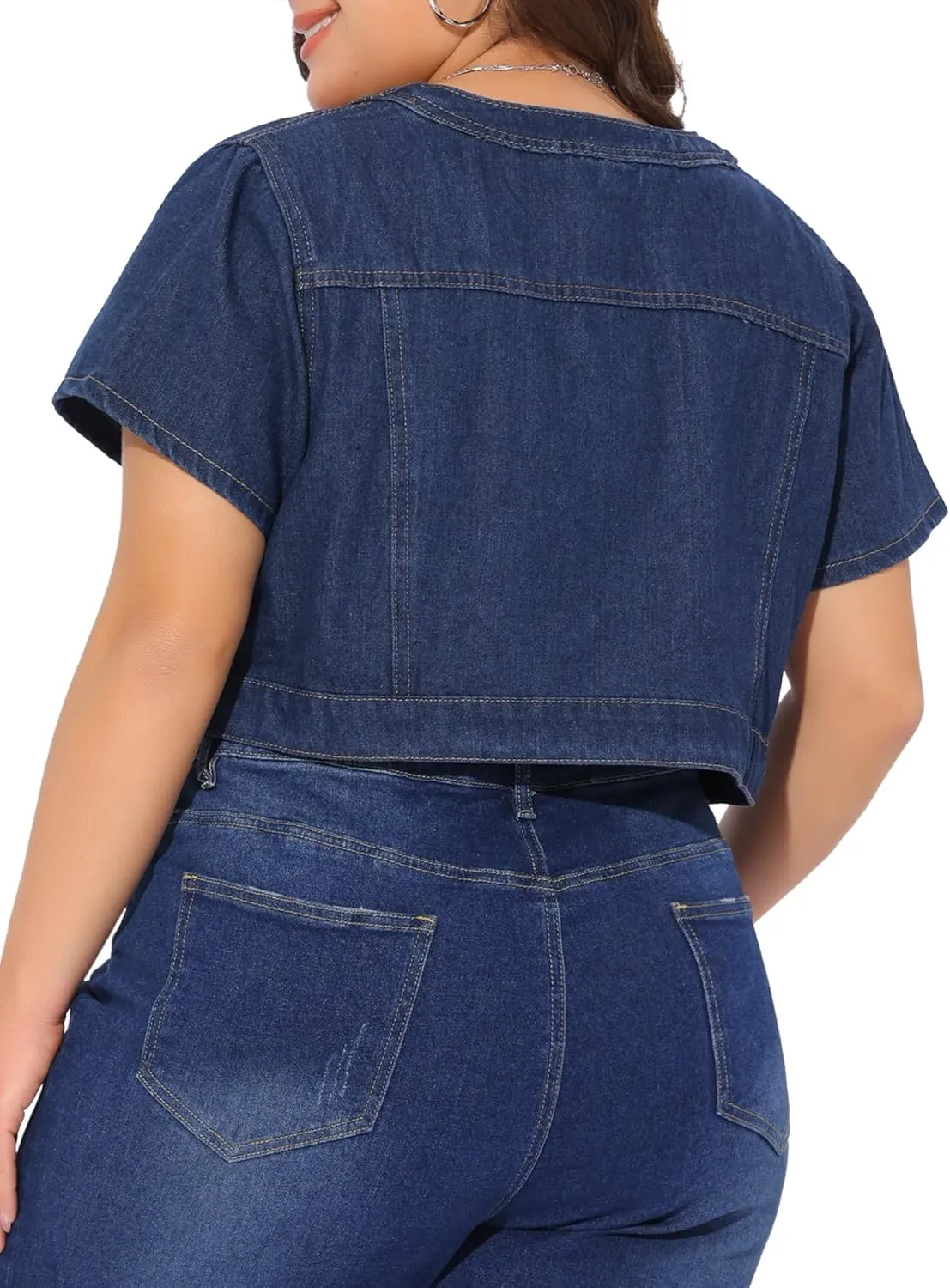 Agnes Orinda Women's Plus Size Denim Vest Tops Crew Neck Button Down Short Sleeve Cropped Jean Jacket