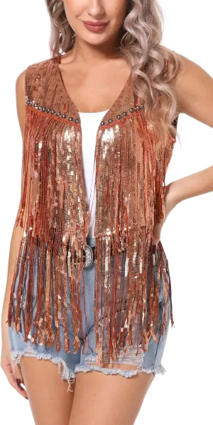 Aivtalk Sequin Tassel Vest for Women Lightweight Sleeveless Sparkly Waistcoat Glitter Fringe Gilet