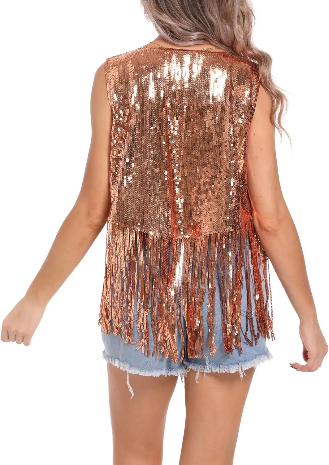 Aivtalk Sequin Tassel Vest for Women Lightweight Sleeveless Sparkly Waistcoat Glitter Fringe Gilet