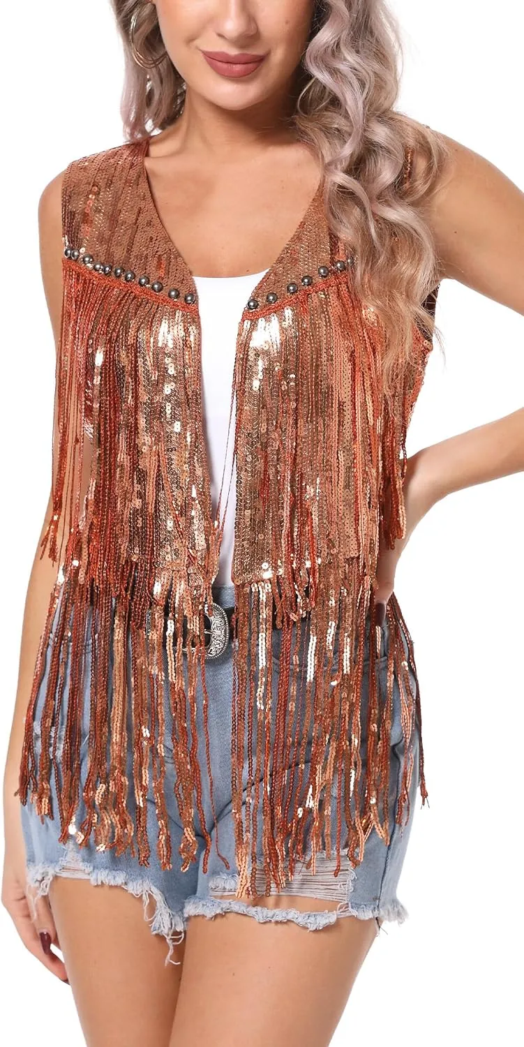 Aivtalk Sequin Tassel Vest for Women Lightweight Sleeveless Sparkly Waistcoat Glitter Fringe Gilet