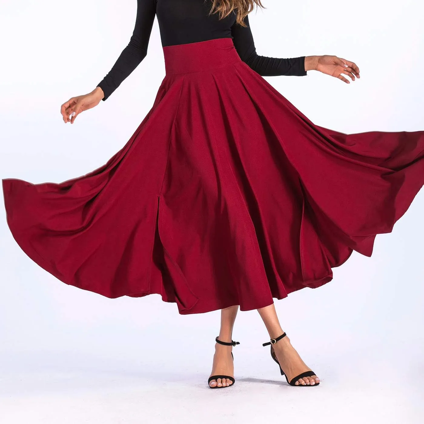 Aivtalk Women High Waist Long Skirt with Slit Pockets Bow Tie Pleated Maxi Skirt