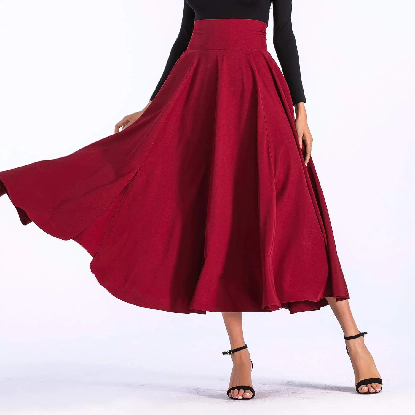 Aivtalk Women High Waist Long Skirt with Slit Pockets Bow Tie Pleated Maxi Skirt