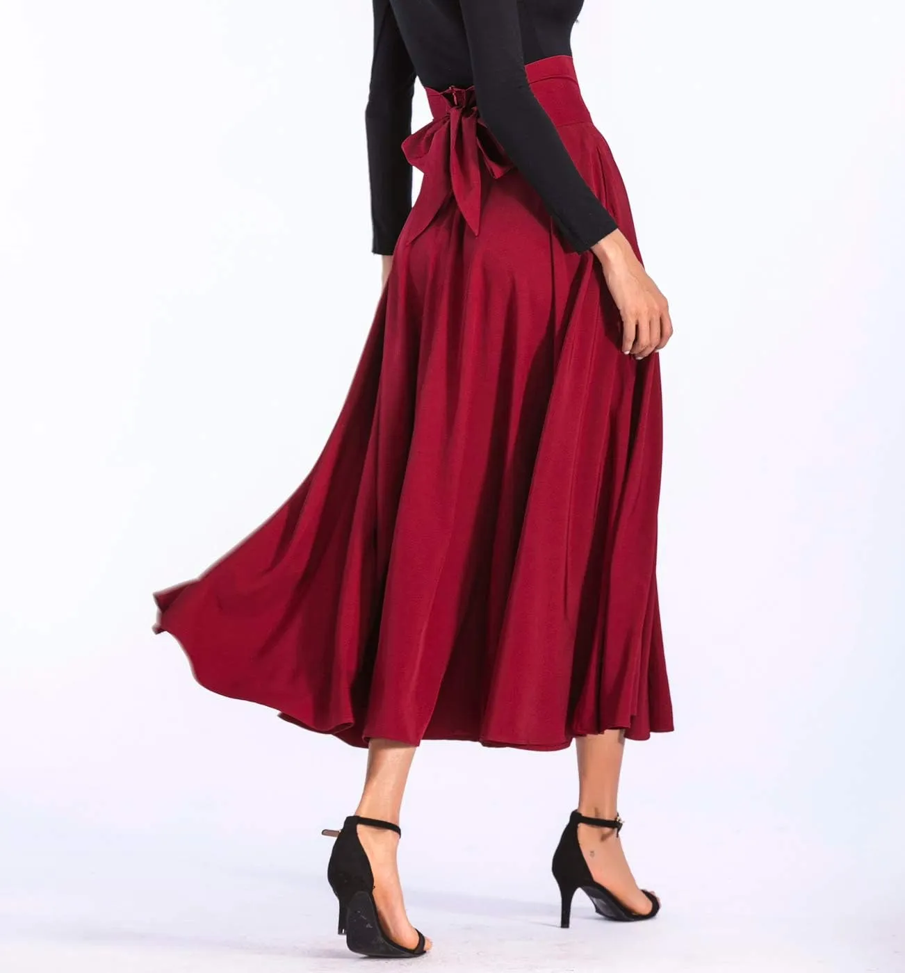 Aivtalk Women High Waist Long Skirt with Slit Pockets Bow Tie Pleated Maxi Skirt