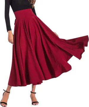 Aivtalk Women High Waist Long Skirt with Slit Pockets Bow Tie Pleated Maxi Skirt