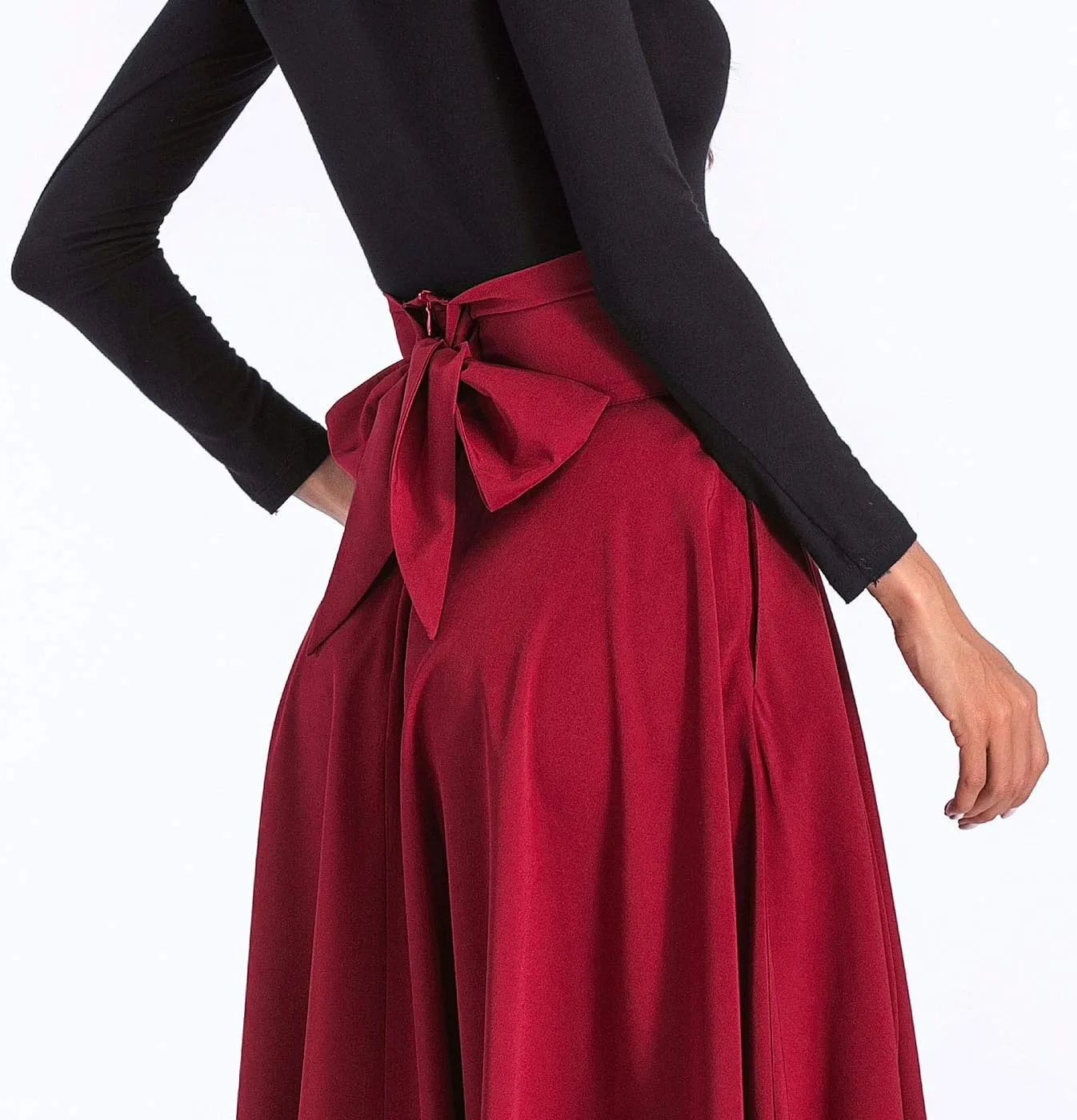 Aivtalk Women High Waist Long Skirt with Slit Pockets Bow Tie Pleated Maxi Skirt