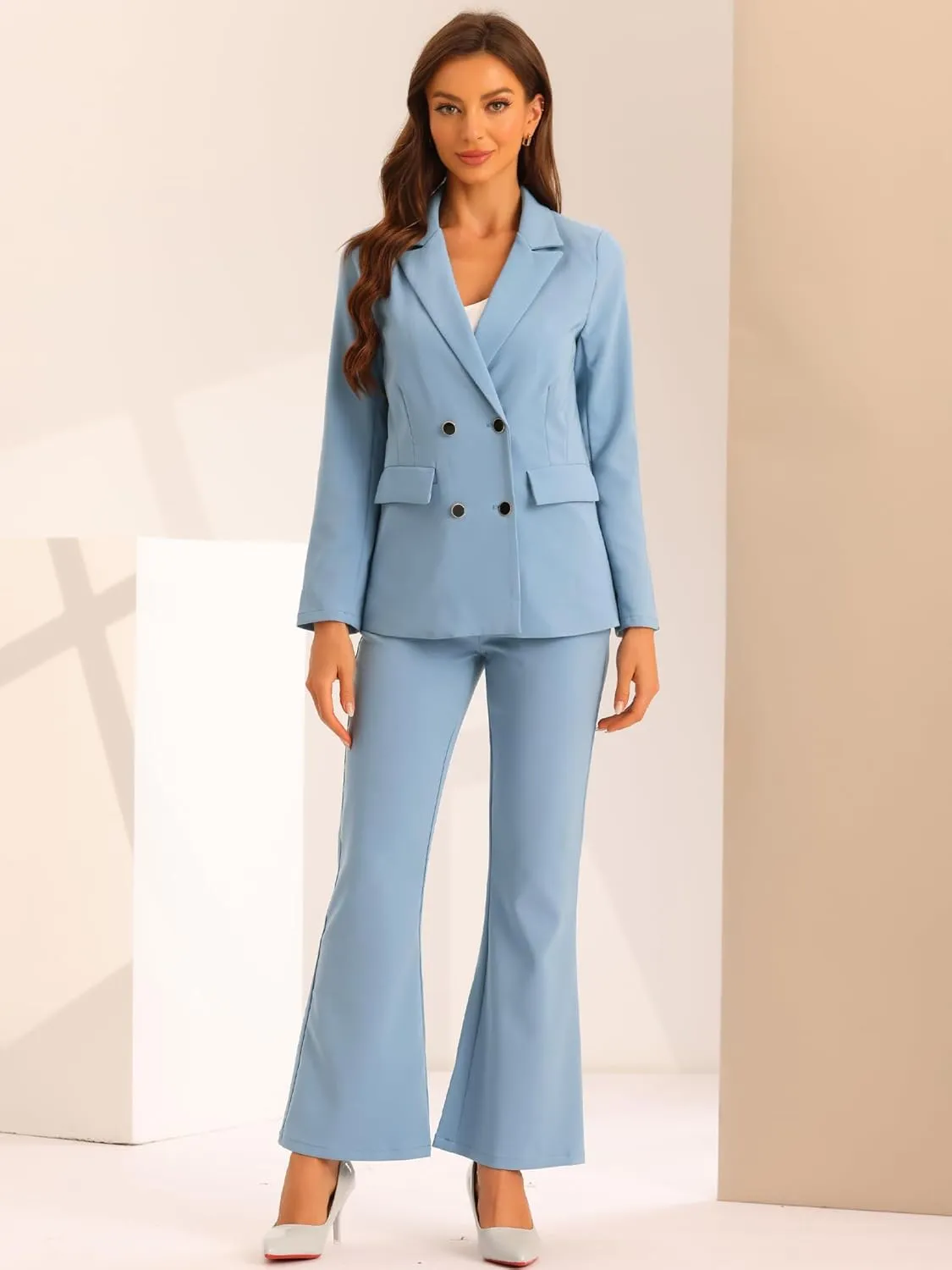 Allegra K 2 Piece Work Suit for Women's Business Formal Double-Breasted Blazer and Pants Set
