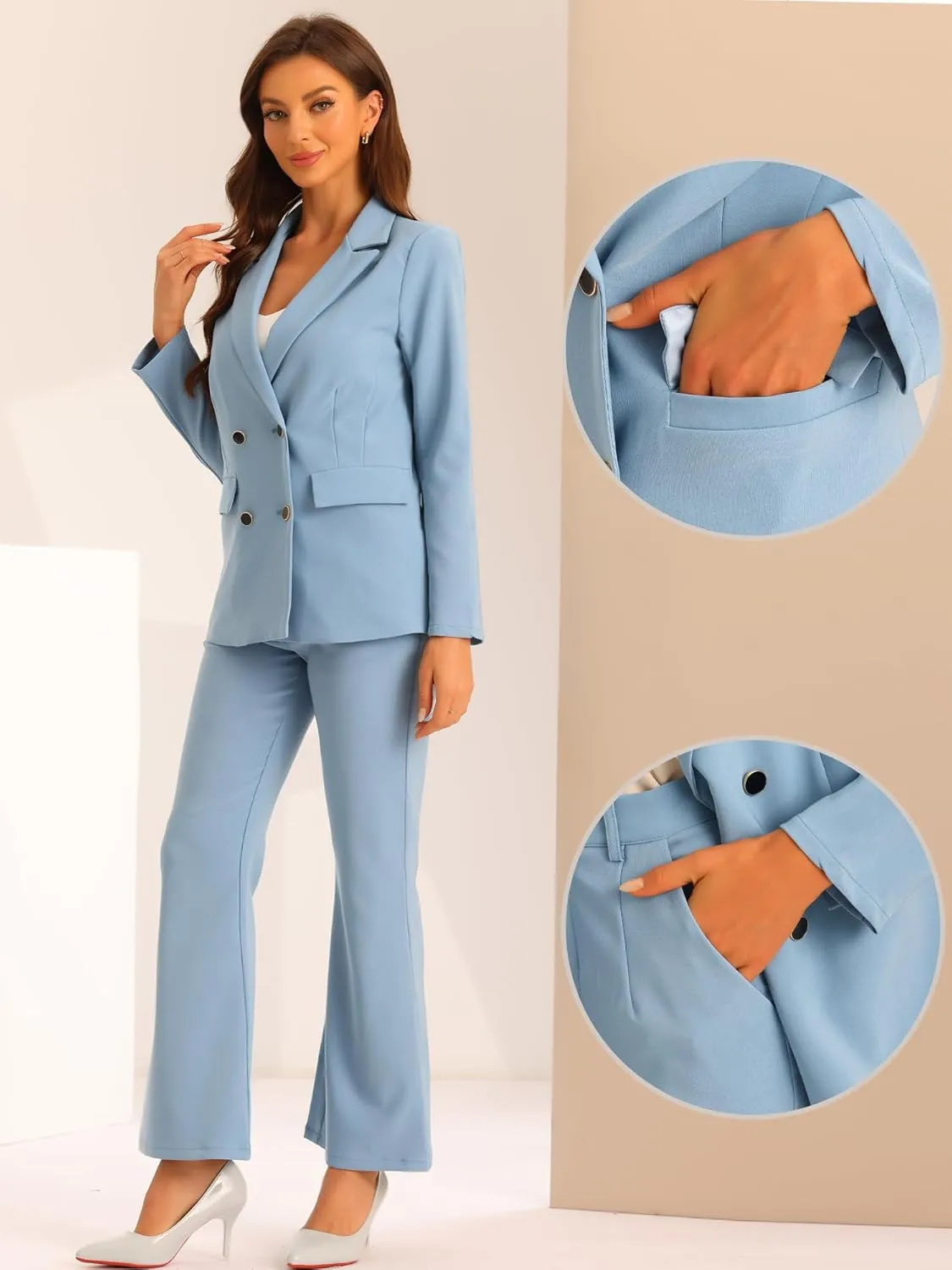 Allegra K 2 Piece Work Suit for Women's Business Formal Double-Breasted Blazer and Pants Set
