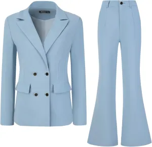 Allegra K 2 Piece Work Suit for Women's Business Formal Double-Breasted Blazer and Pants Set