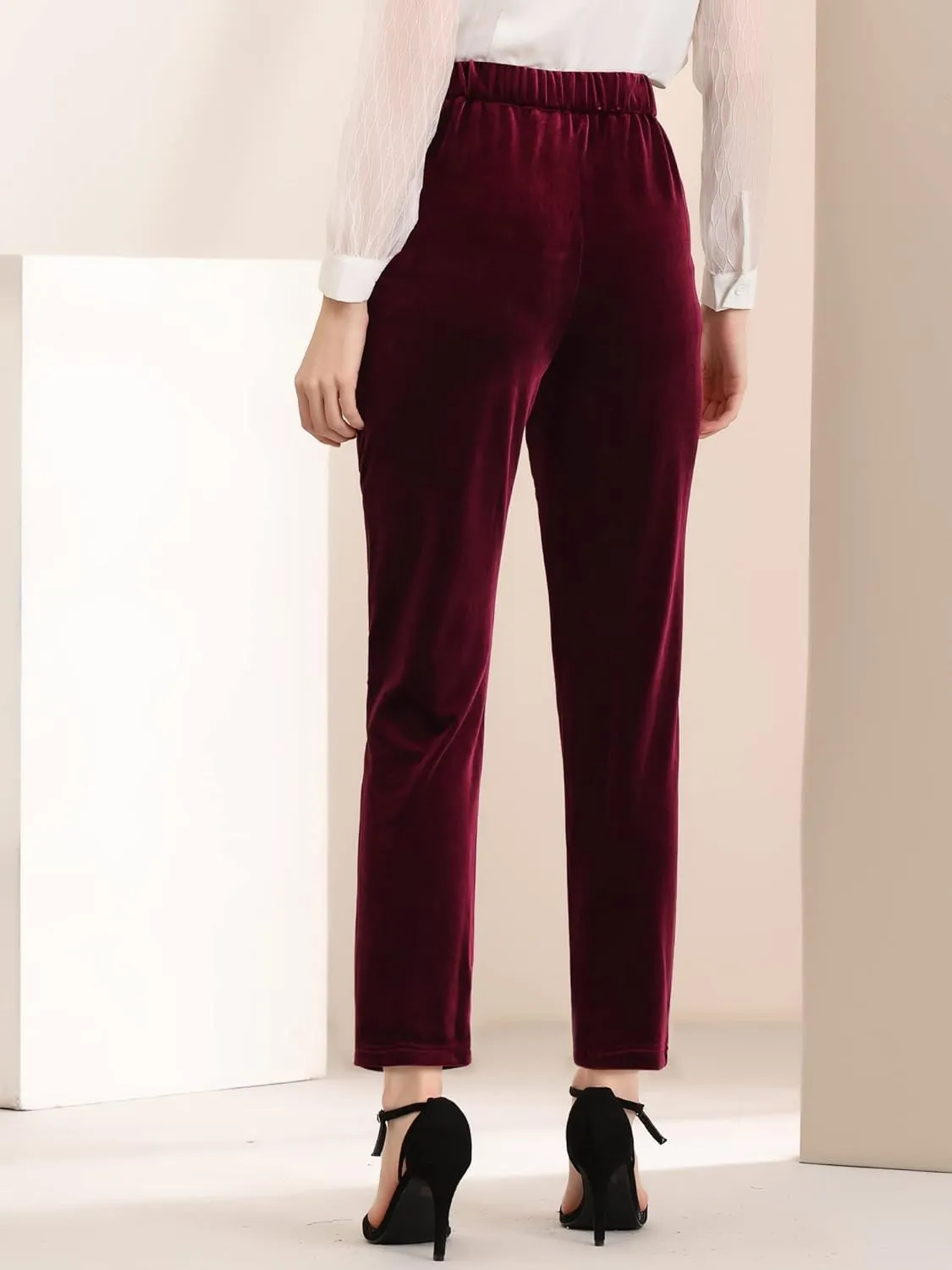 Allegra K Women's 2023 Velvet Elegant High Waist Trousers with Pockets Work Ankle Pants
