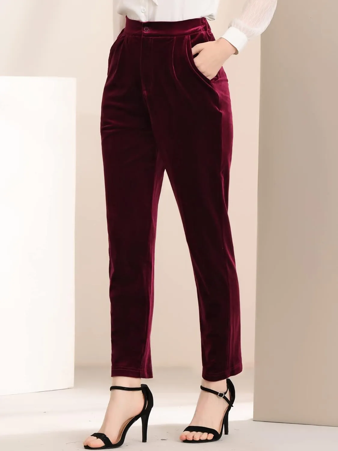 Allegra K Women's 2023 Velvet Elegant High Waist Trousers with Pockets Work Ankle Pants