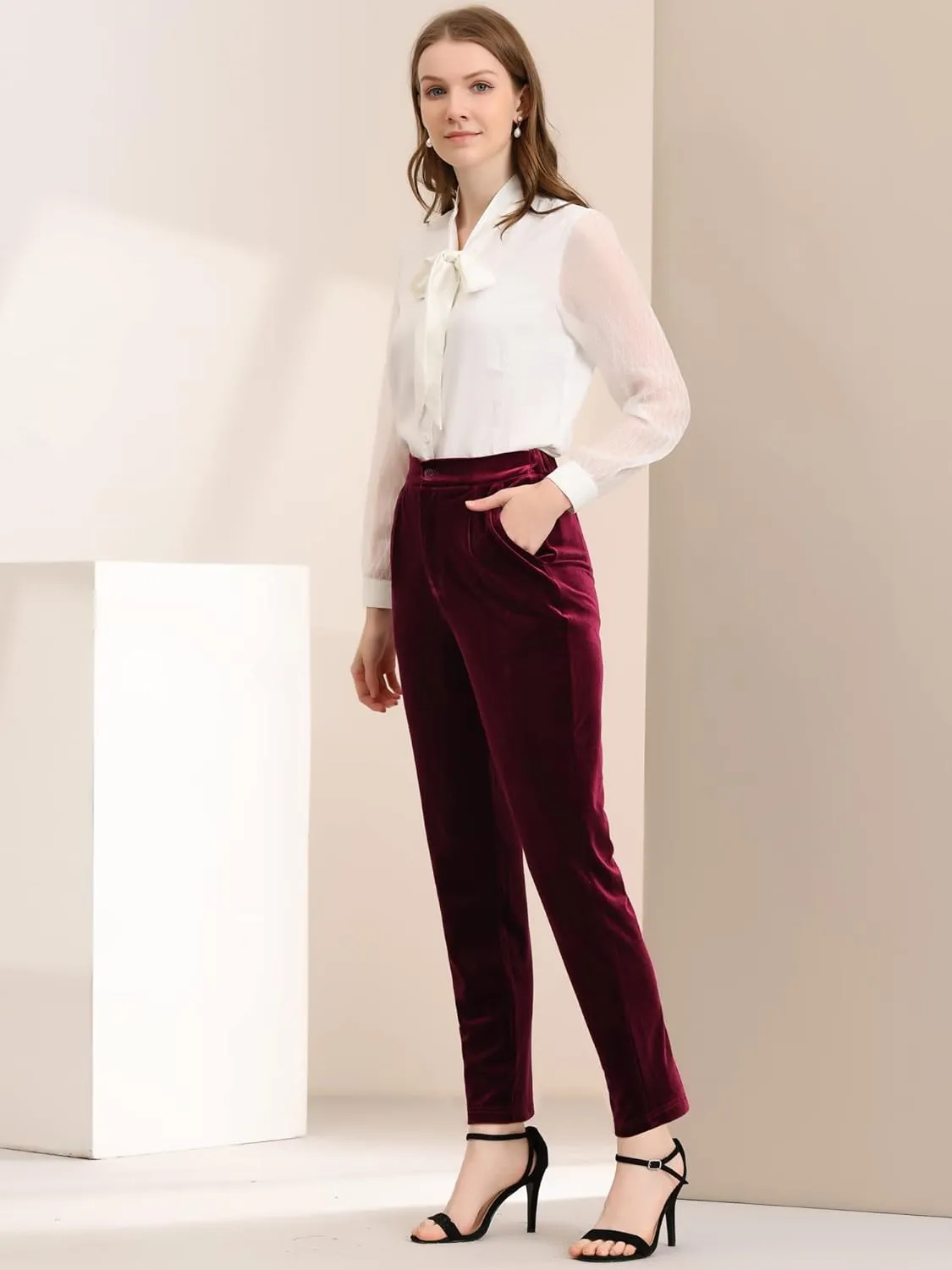 Allegra K Women's 2023 Velvet Elegant High Waist Trousers with Pockets Work Ankle Pants