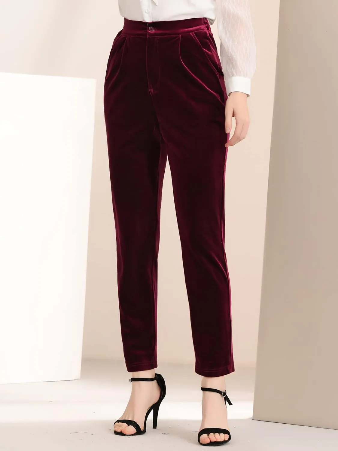Allegra K Women's 2023 Velvet Elegant High Waist Trousers with Pockets Work Ankle Pants